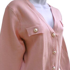 T Tahari Pink Knit Cardigan Pearlized Gold Rimmed Button Front L Librarian Large